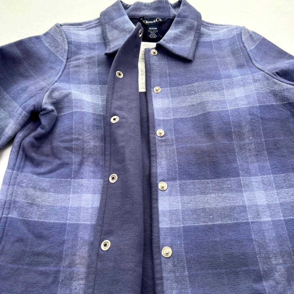 Denim & Co. Plaid Snap Jacket Medium 100% Cotton Blue & Gray Womens Flannel Coat - Picture 6 of 11